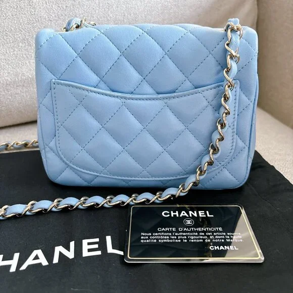 98% NEW CHANEL LAMB SKIN BABY BLUE SQUARE FLAP BAG - Picture 8 of 15